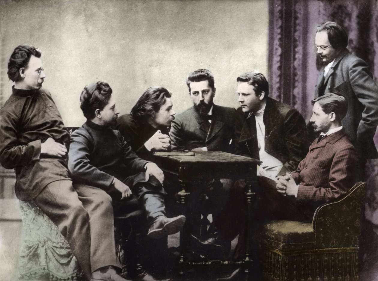 Medlemmer av Sreda litterære krets, dannet i andre halvdel av 1890-tallet av russiske realistiske forfattere - Portretter av russiske intellektuelle fra den litterære gruppen Znanie: fra venstre til høyre, Andrei Skitalets (Stephan Gabrilovich Petrov), Leo av Anonymous Anonymous