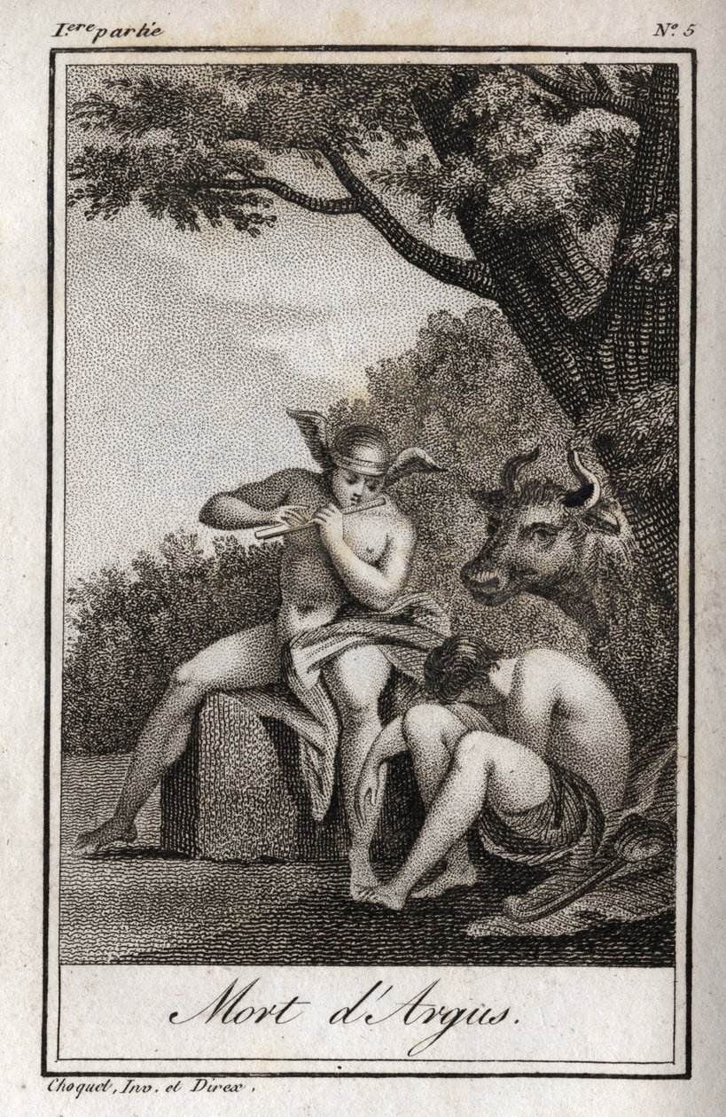 Mercury and Argus (Mercury and Argus). Death of Argus: Mercury spilt av fløyte for å sovne Argus og befri nymfen Io, forvandlet til en ku. Gravering fra 1819 i «Lettres a Emilie sur la mythologie» av Charles Albert Demoustier (1760-1801). av Anonymous Anonymous