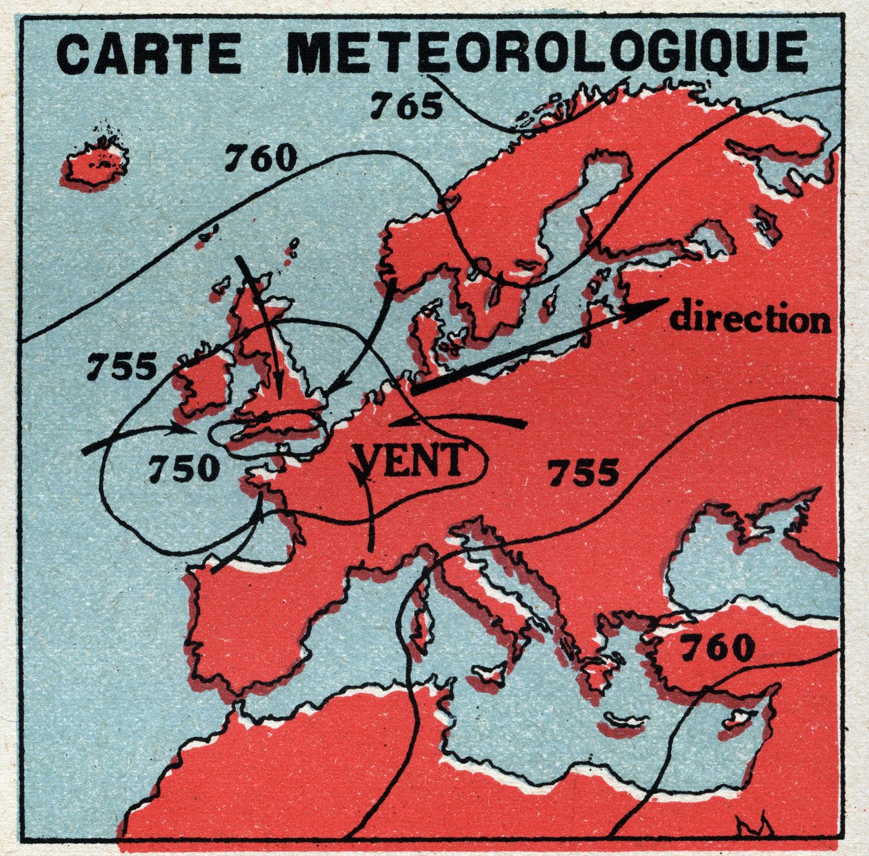 Meteorology: meteorological map. Anonymous illustration of 1925. Private collection. av Anonymous Anonymous