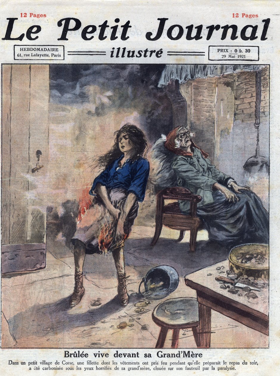 Diverse: dramatisk død av en ung jente brulee bor foran sin lamme bestemor. Illustrasjon hentet fra "" Le petit journal illustrious""" av 29.05.1921. Privat samling av Anonymous Anonymous