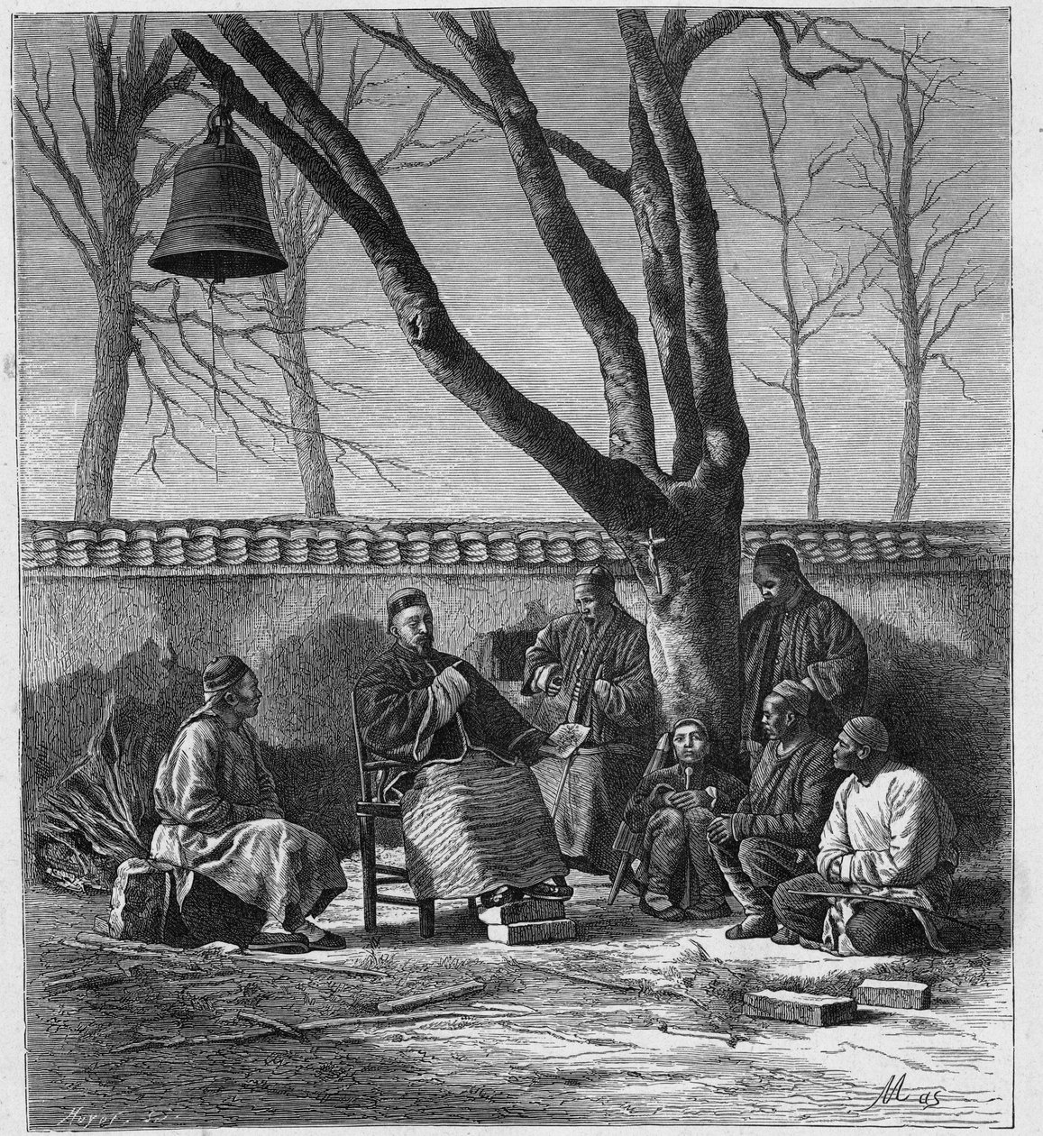 Misjonærundervisning i katolsk doktrine i Henan-provinsen (Ho Nan, Ho-Nan), Kina. Gravering i "The Catholic Missions in the XIXth Century" av Louis-Eugene (Louis Eugene) Louvet. privat samling. av Anonymous Anonymous