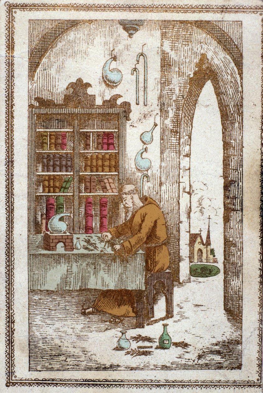 Munk forbereder planter for destillasjon. 1800-talls gravering. av Anonymous Anonymous