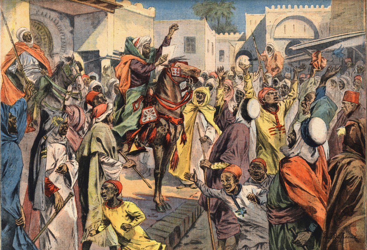 Mouley Hafid (Moulay-Hafid) proklamerer Sultan til Fez: de offentlige roperne kunngjør proklamasjonen til mengden. Gravering fra avisen "" Le Petite Parisien"", 26.01.1908. Privat samling. av Anonymous Anonymous