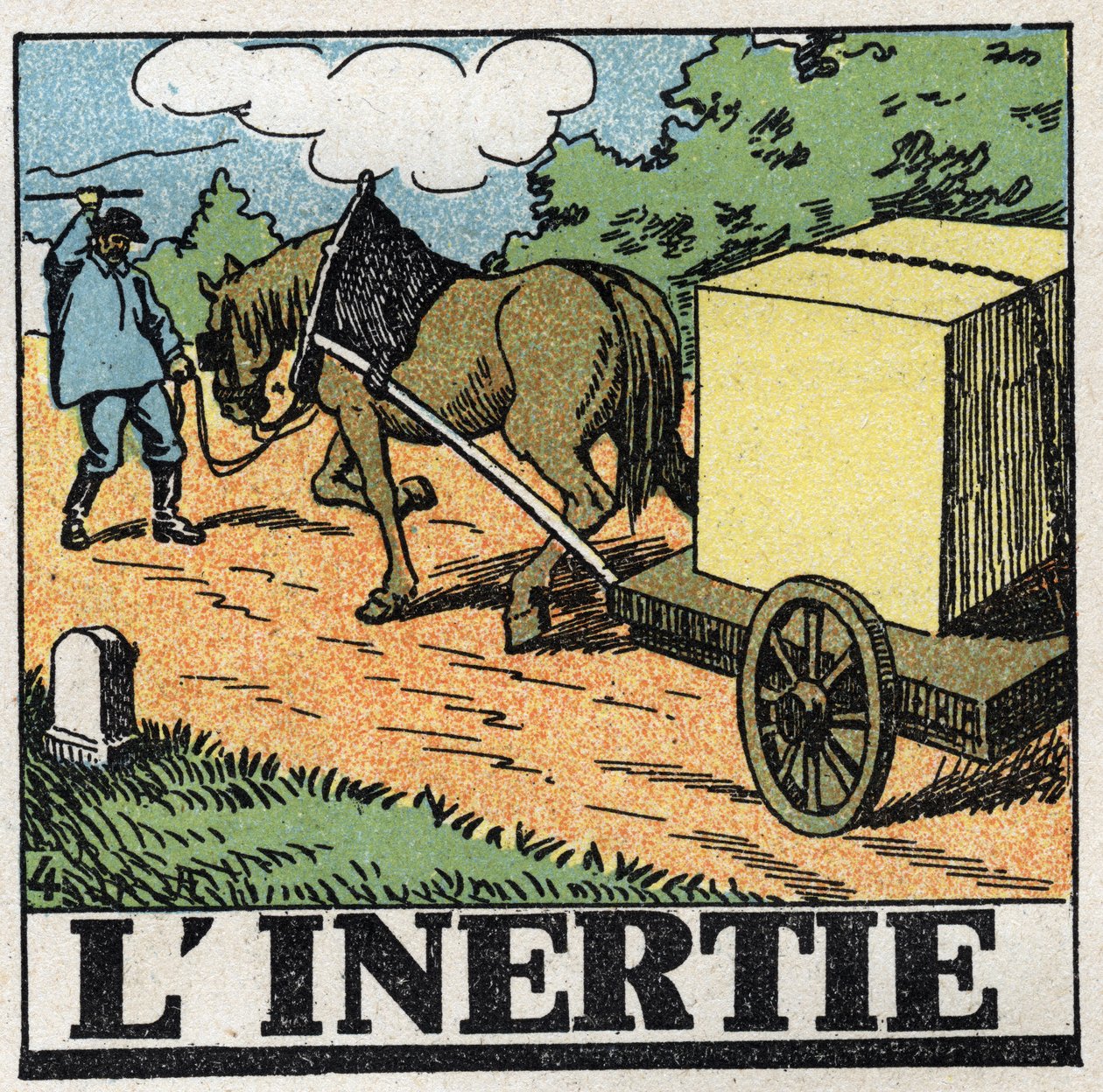 Bevegelser: treghet. En vognmann gir piskeslag for å flytte hesten sin fremover. Anonym illustrasjon fra 1925. Privat samling. av Anonymous Anonymous