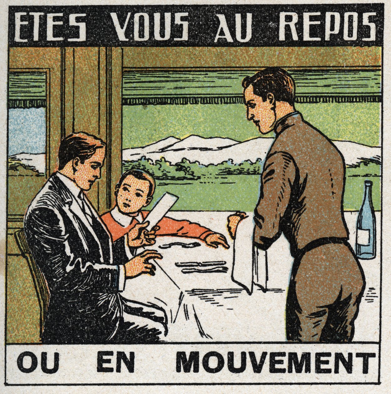 Movements: scene in the restaurant of a train where passengers do not move as the train moves forward. Anonymous illustration from 1925. Private collection. av Anonymous Anonymous