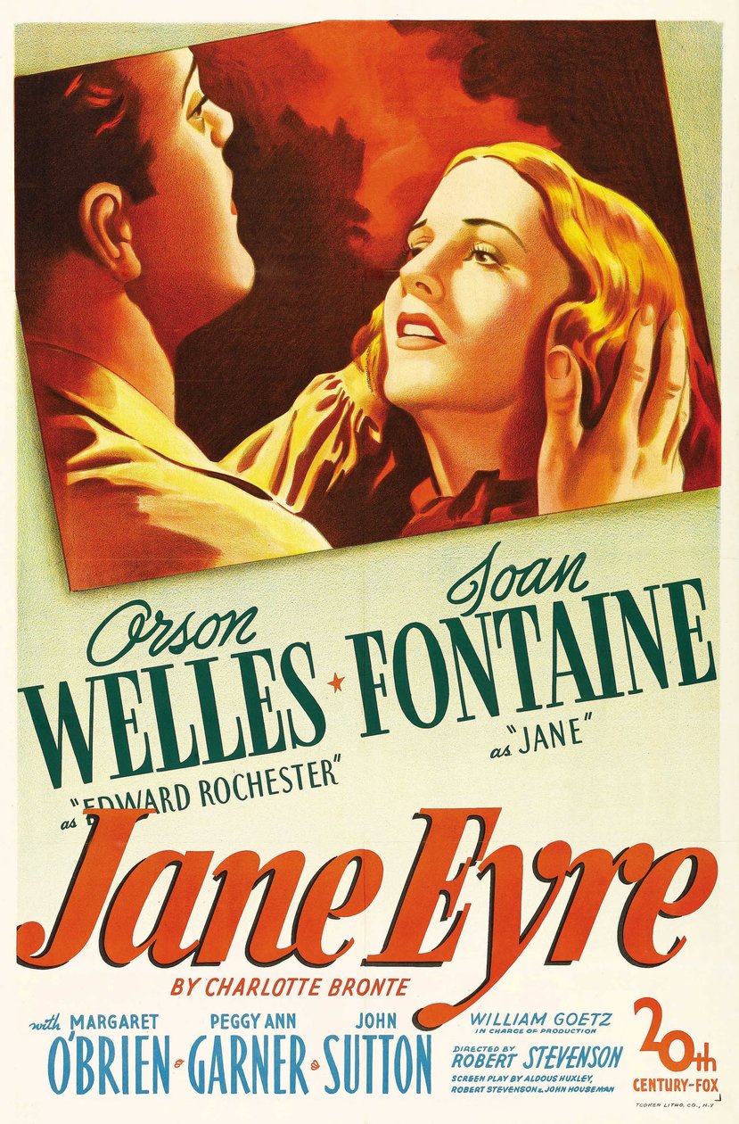 Filmplakat fra filmen "" Jane Eyre" skrevet av Charlotte Bronte og regissert av Robert Stevenson i 1944 med skuespillerne Orson Welles som Edward Rochester og Joan Fontaine som Jane. Privat samling. av Anonymous Anonymous