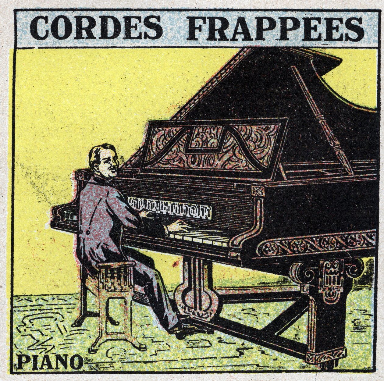 Musikkinstrumenter: batted strengeinstrumenter. En pianospiller. Anonym illustrasjon fra 1925. Privat samling. av Anonymous Anonymous