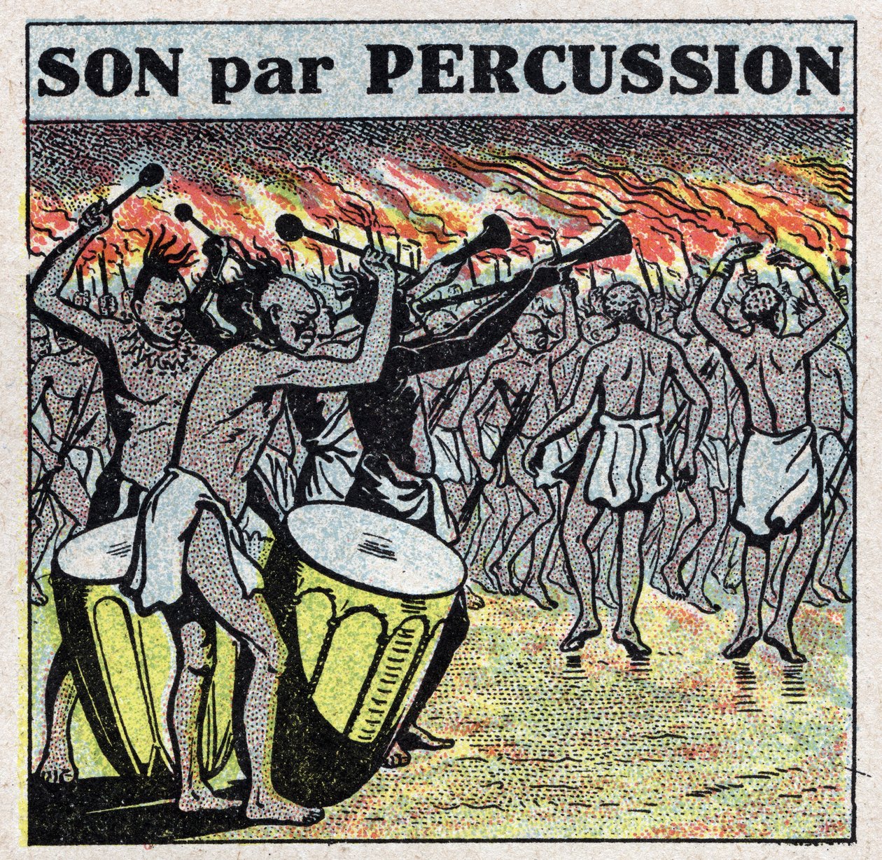 Musikkinstrumenter: perkusjonsspillere i en afrikansk landsby. Anonym illustrasjon fra 1925. Privat samling. av Anonymous Anonymous