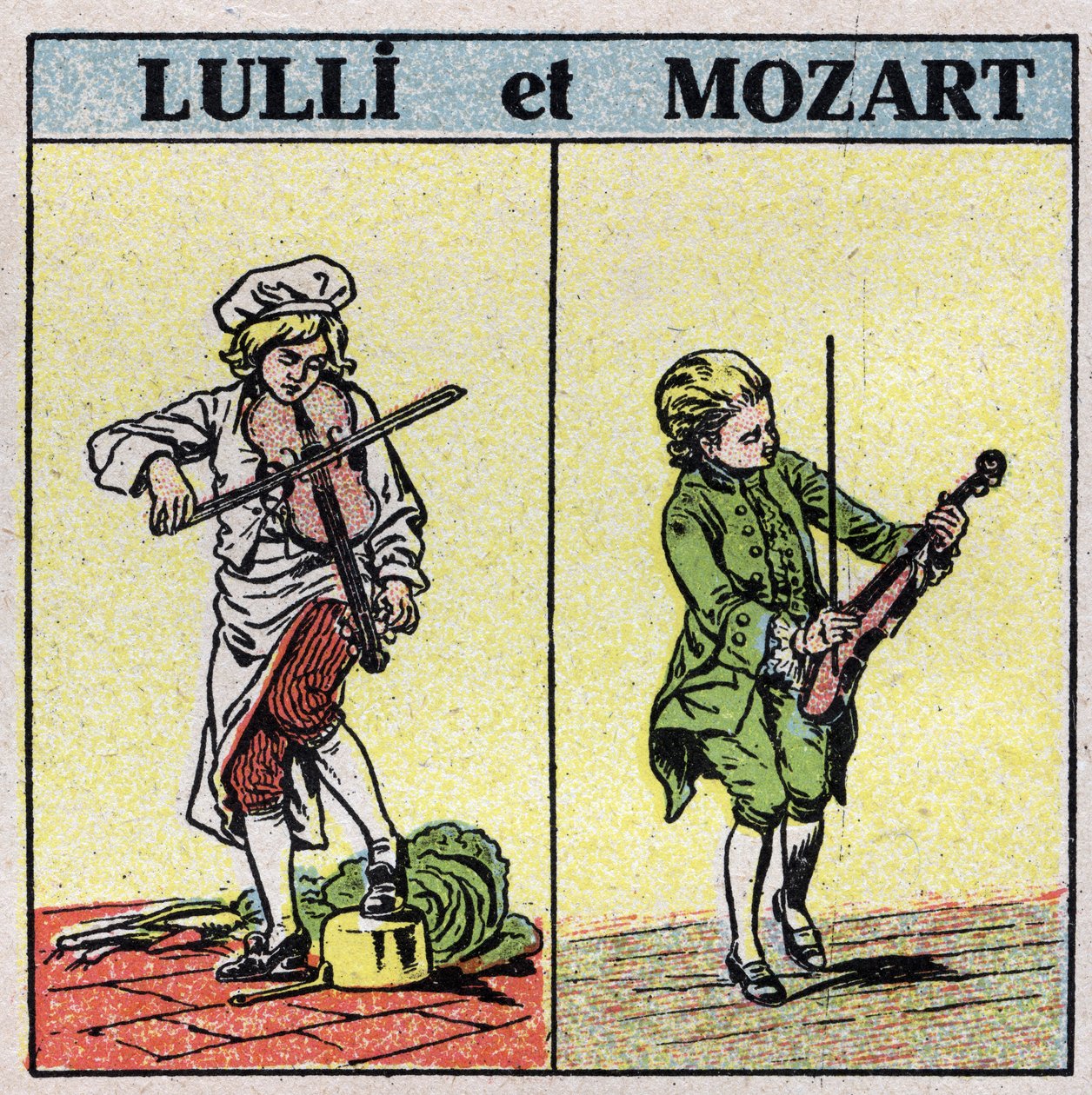 Musical instruments: rubbed string instruments. Jean Baptiste Lully (Giovanni Battista Lulli) (1632-1687) and Wolfang Amadeus Mozart (1756-1791) playing the violin. Anonymous illustration from 1925. Private collection. av Anonymous Anonymous