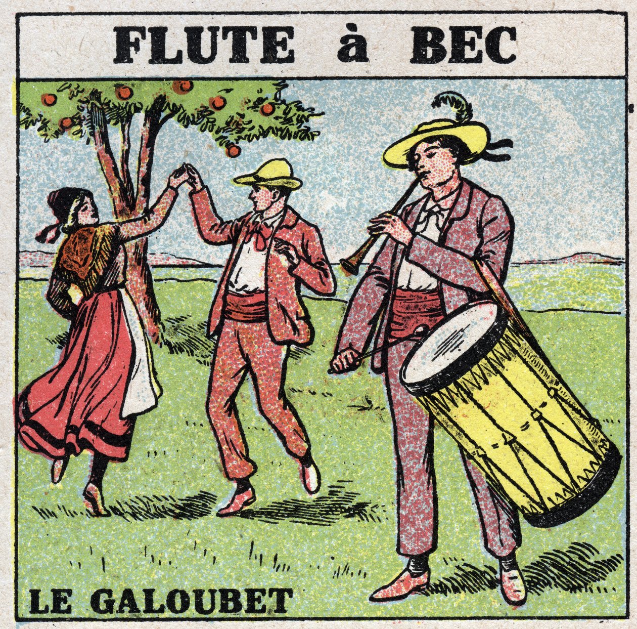Musikkinstrumenter: blåseinstrumenter. Galubetspiller (fløyte et nebb). Anonym illustrasjon fra 1925. Privat samling. av Anonymous Anonymous