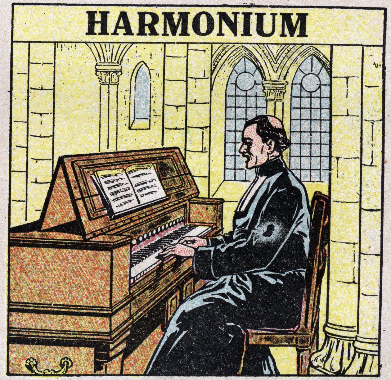 Musikkinstrumenter: blåseinstrumenter ved hoften. Harmoniumspiller i en kirke. Anonym illustrasjon fra 1925. Privat samling. av Anonymous Anonymous
