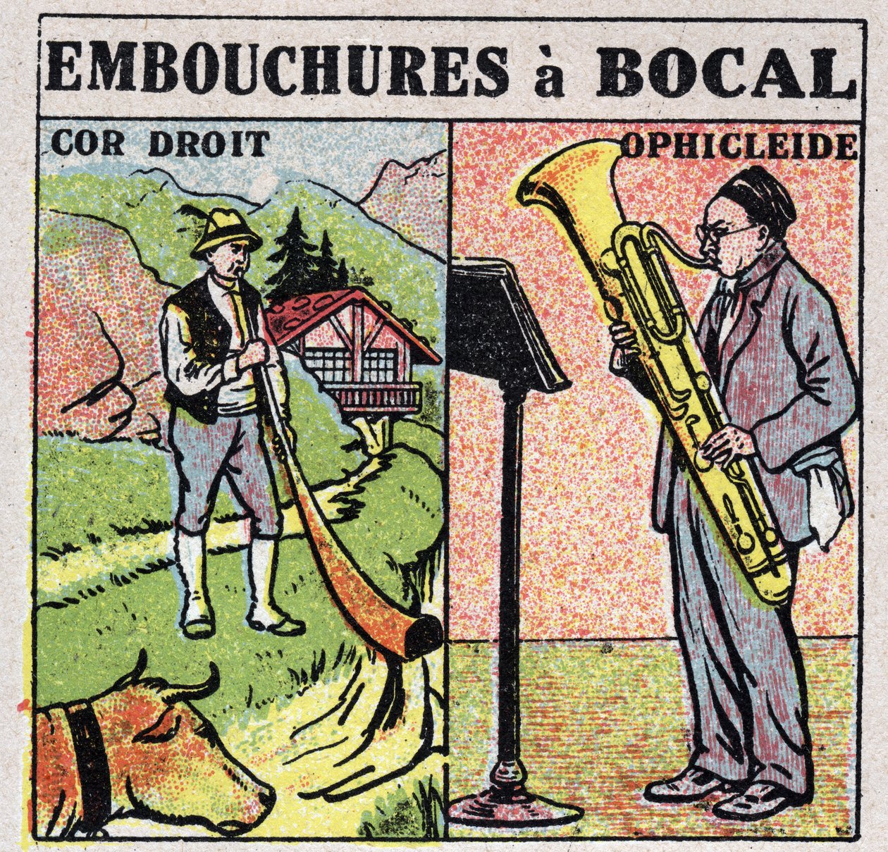 Musikkinstrumenter: blåseinstrumenter med krukkemunn. Spillere med rett horn og ophicleide. Anonym illustrasjon fra 1925. Privat samling. av Anonymous Anonymous