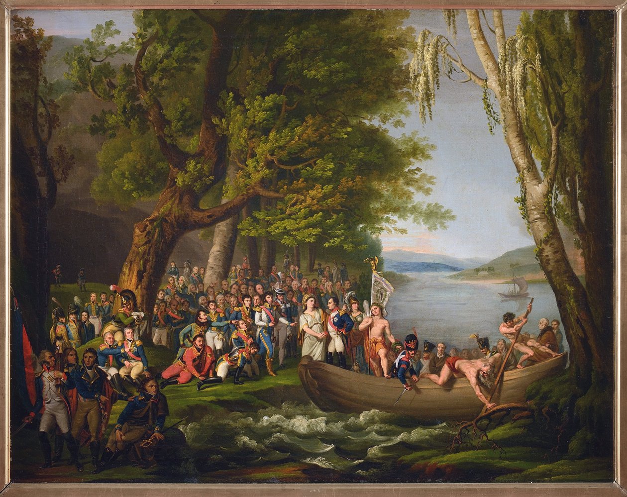 Napoleon krysser le Styx et rejoint les heros de la Grande Armee - Napoleon krysser Styx og slutter seg til heltene til Grande Armee, som døde for Frankrike, Anonym . Olje på lerret. Mål: 64x79 cm. Privat samling av Anonymous Anonymous
