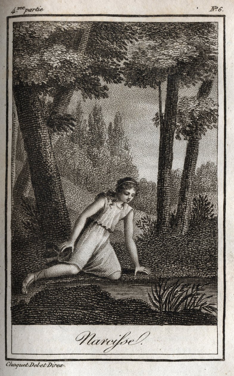 Narcisse vurderer sin refleksjon (Narciso) Gravering av 1819 i "Lettres a Emilie sur la mythologie"" av Charles Albert Demoustier (1760-1801). Privat samling. av Anonymous Anonymous