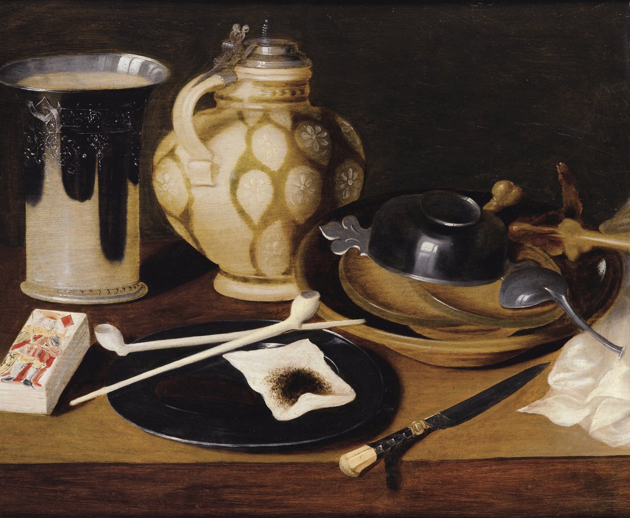 ""Nature morte a la pipe, au roi de carreau, couteau et pichet"" (Stilleben med et rør, en konge av diamanter, en kniv og en krukke) Peinture anonyme vers 1650 Olje på tre, Dim 52x64 cm Privat samling av Anonymous Anonymous