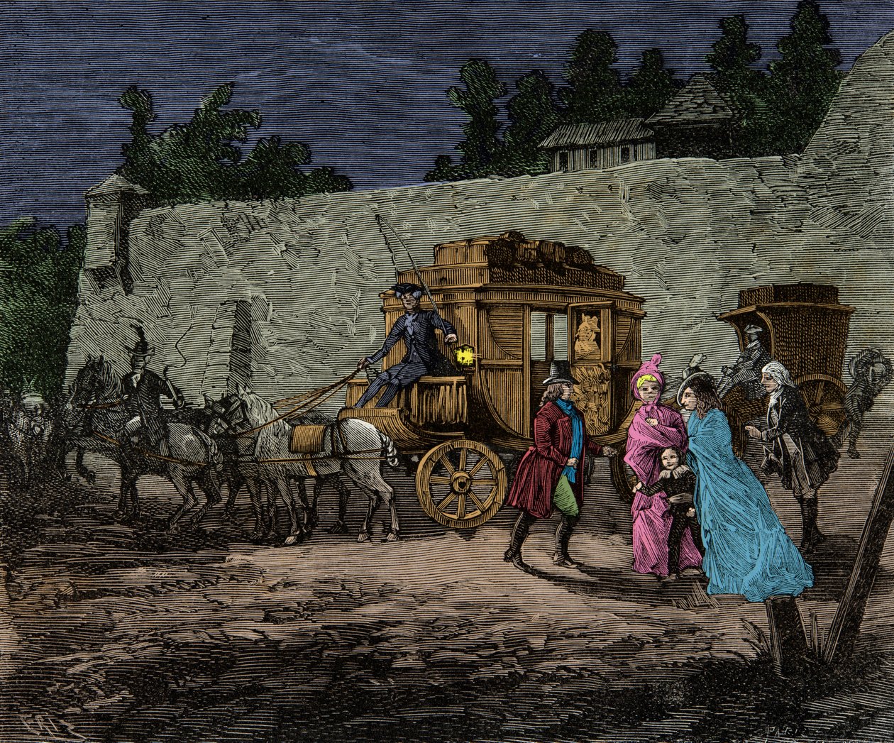 Nattflukt for kongefamilien til Varennes i 1791, Gravering, Privat samling av Anonymous Anonymous