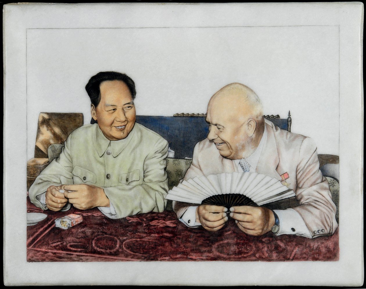 Nikita Khrouchtchev (1894-1971) og Mao Zedong (Tse-Toung, Tse Toung) (1893-1976) - Nikita Khrusjtsjov og Mao Zedong - Anonym. Porselen, overglasurdekor, tidlig på 1960-tallet. Privat samling av Anonymous Anonymous
