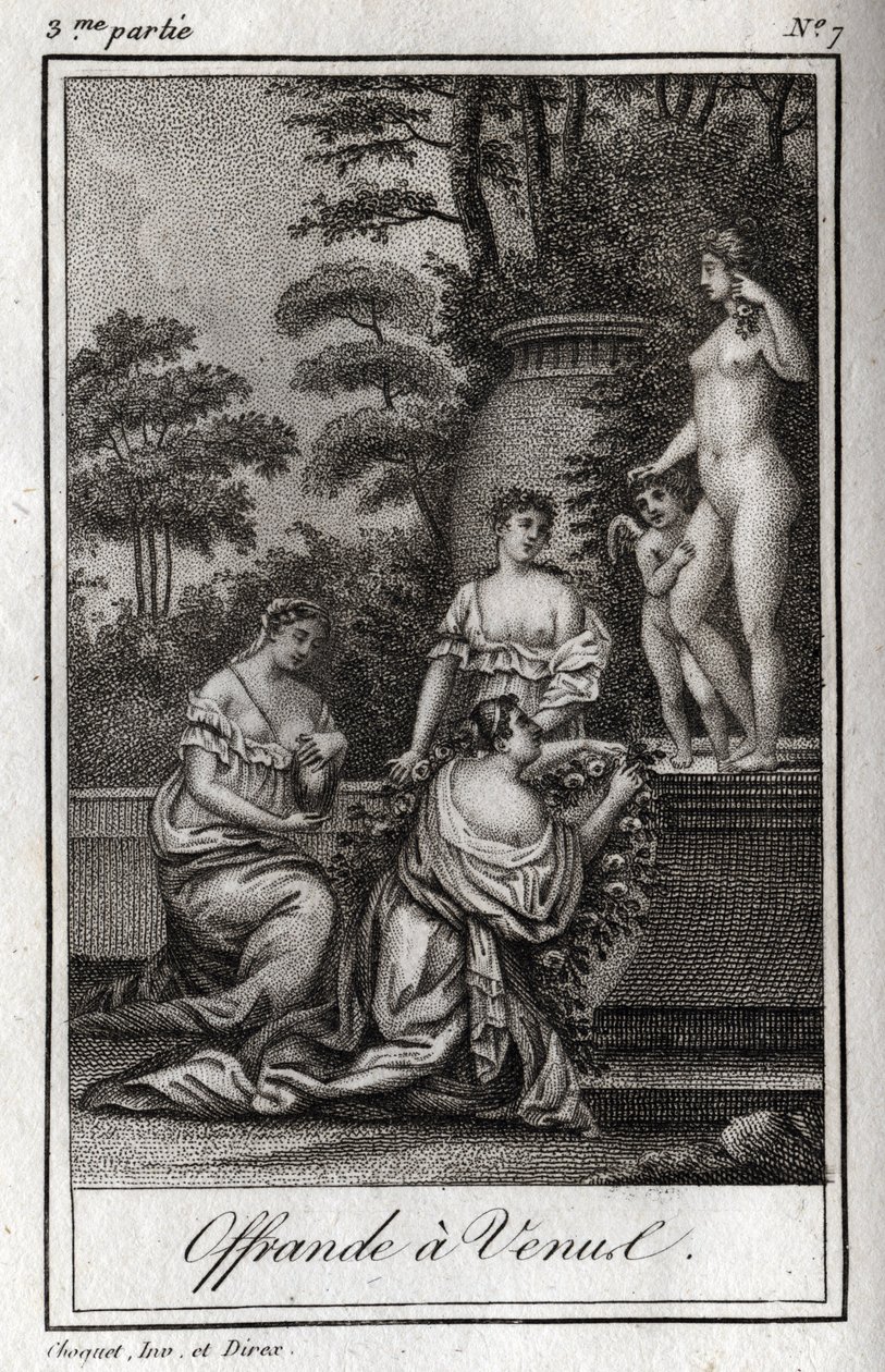 Tilbud til Venus. Små kjærligheter (angelots) samles for å hylle gudinnen Afrodite. Gravering fra 1819 i «Lettres a Emilie sur la mythologie» av Charles Albert Demoustier (1760-1801). Privat samling. av Anonymous Anonymous