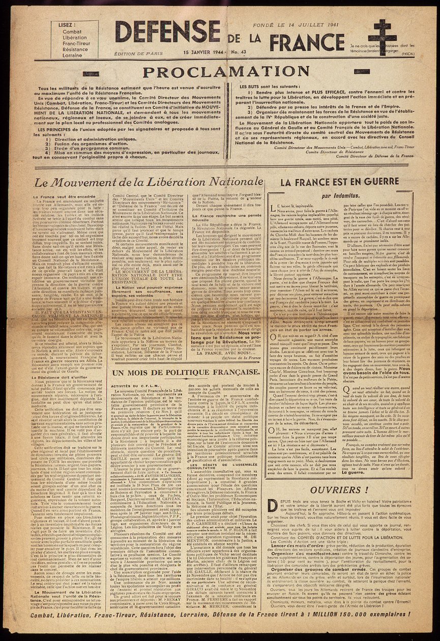 En av de hemmelige avisene "" Défense de France"" av 15/01/1944 av Anonymous Anonymous