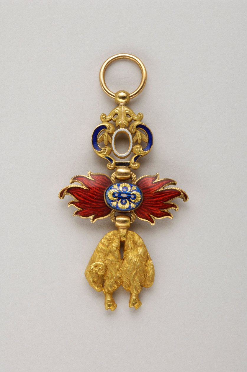 Order of the Golden Fleece: Spansk Golden Fleece - Miniatyr av insignier som tilhører Alfonso (Alfonso) XIII av Bourbon (1886-1941), konge av Spania (1886-1931) - Slutten av 1800-tallet - Gull og emals - H 4,3 cm ; b 2,4 cm; vekt: 8 g - Privat samling av Anonymous Anonymous