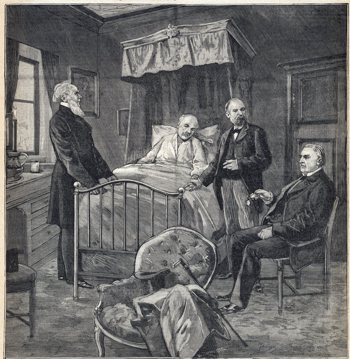 Panamaskandale (Panama-saken): The Chamber of Cornelius Herz (1845-1898) Fransk-amerikansk lege og forretningsmann i Bournemouth: besøk av Dr. Jean Martin Charcot (1825-1893), klinisk lege og nevrolog, og Paul Brouardel (1837- 1906) - Inngravering av Anonymous Anonymous