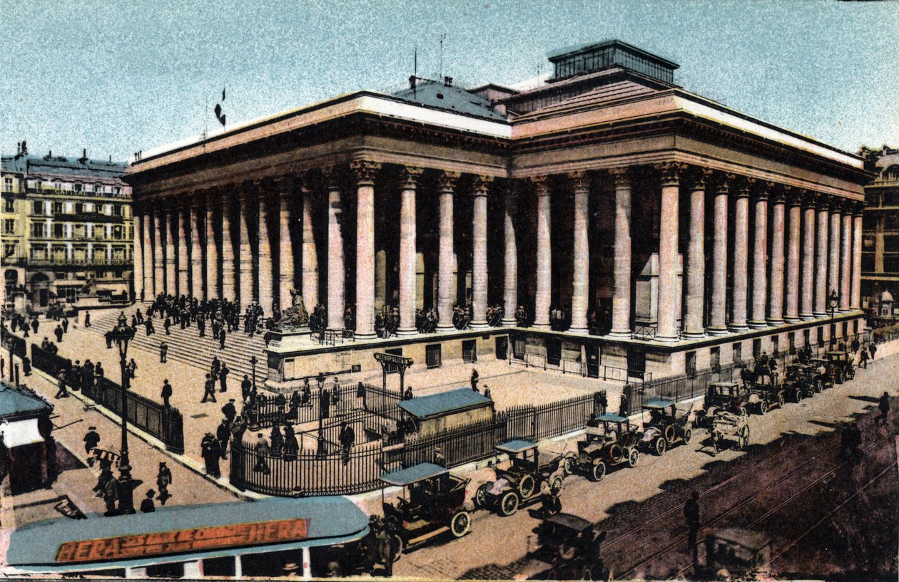Paris: utvendig utsikt over Palais Brongniart (Paris-børsen), bygget mellom 1808-1826 av Alexandre Brongniart (1770-1847). Fotografi av 1920 i "" Artistic Album "" av byen Paris. Privat samling. av Anonymous Anonymous