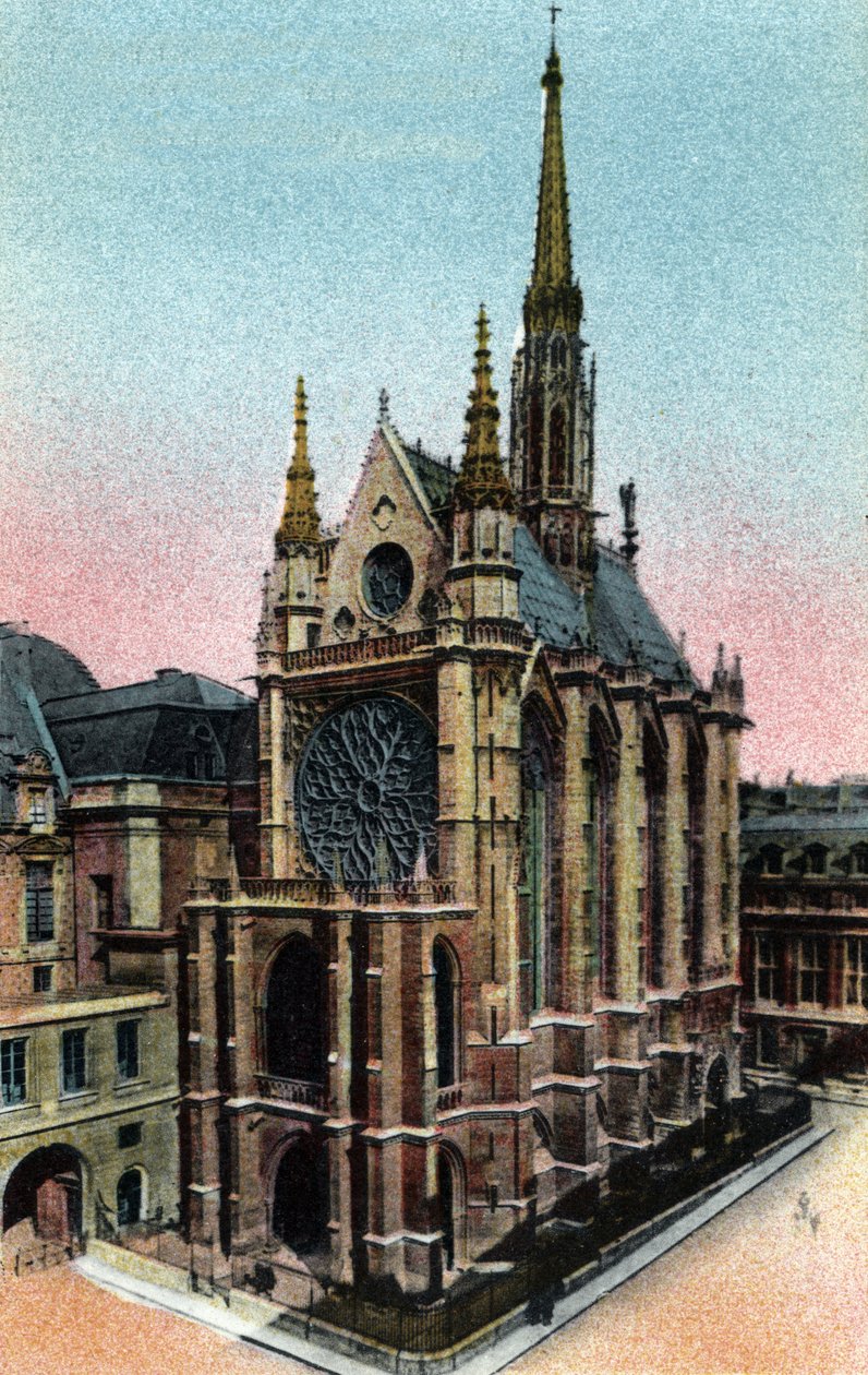 Paris: utvendig utsikt over Sainte Chapelle (Sainte-Chapelle) (1200-tallet, gotisk arkitektur). Fotografi av 1920 i "" Artistic Album "" av byen Paris. Privat samling. av Anonymous Anonymous