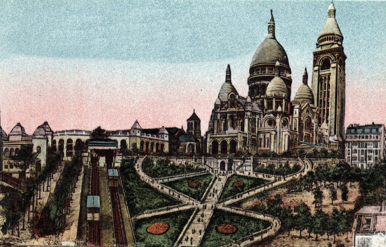 Paris: taubanen og basilikaen Sacre Coeur (Sacre-Coeur) på Butte Montmartre. Fotografi av 1920 i "" Artistic Album "" av byen Paris. Privat samling. av Anonymous Anonymous