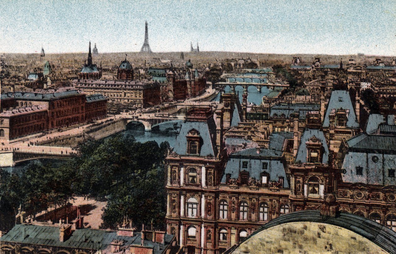Paris: panorama av Huits-broene på Seinen med Eiffeltårnet i bakgrunnen. Fotografi av 1920 i "" Artistic Album "" av byen Paris. Privat samling. av Anonymous Anonymous