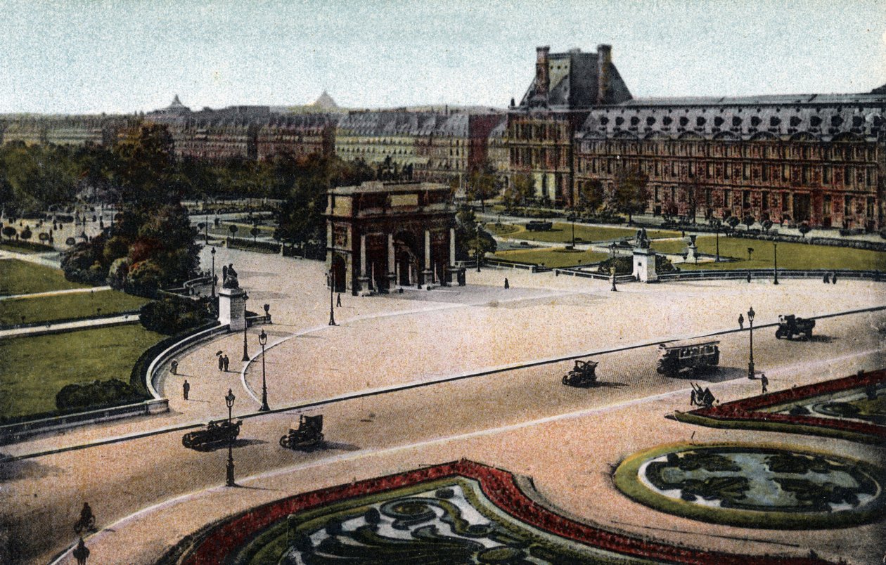 Paris: panorama av Tuileries (hage og palass) og Arc de Triomphe du Carrousel. Fotografi av 1920 i "" Artistic Album "" av byen Paris. Privat samling. av Anonymous Anonymous