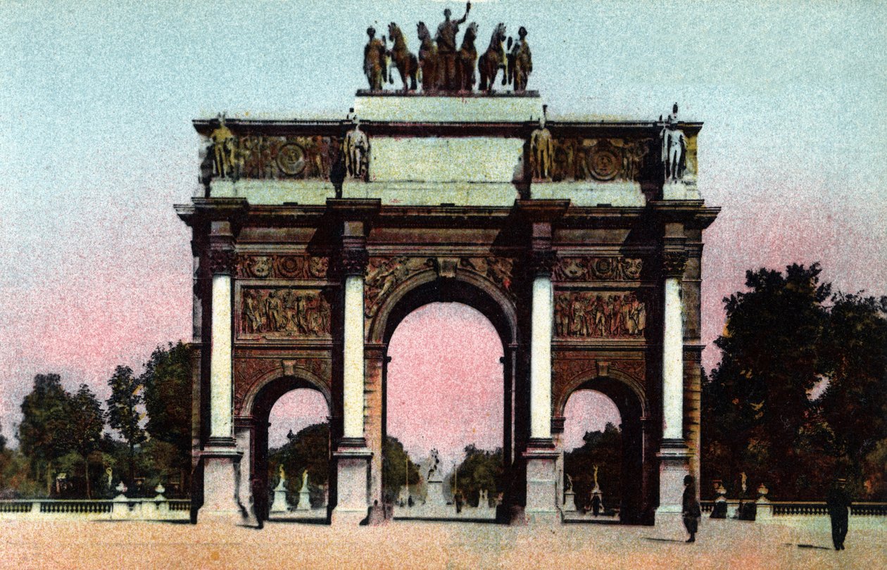 Paris: utsikt over Triumfbuen du Carrousel realisert av Pierre Francois Leonard Fontaine (1762-1853) og Charles Percier (1764-1838) i 1809. Fotografi av 1920 i "" Artistic Album"" av byen Paris. Privat samling. av Anonymous Anonymous