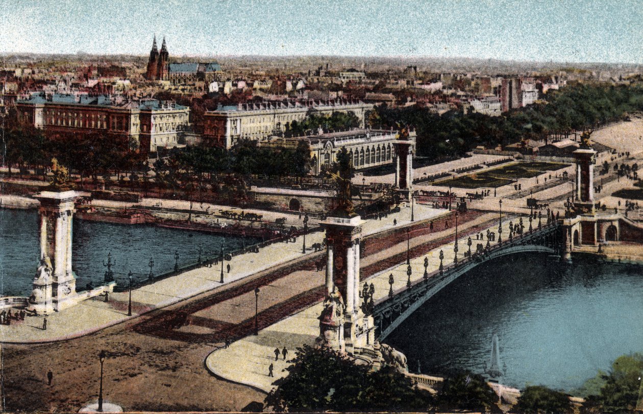 Paris: utsikt over broen Alexandre III på Seinen. Fotografi av 1920 i "" Artistic Album "" av byen Paris. Privat samling. av Anonymous Anonymous
