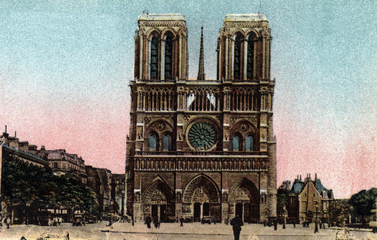 Paris: utsikt over fasaden til Cathedrale Notre Dame (Notre-Dame). Gotisk arkitektur. Fotografi av 1920 i "" Artistic Album "" av byen Paris. Privat samling. av Anonymous Anonymous