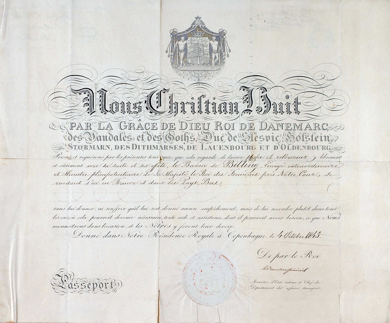Pass fra kongen av Danmark Christian VIII er fra 1845. av Anonymous Anonymous