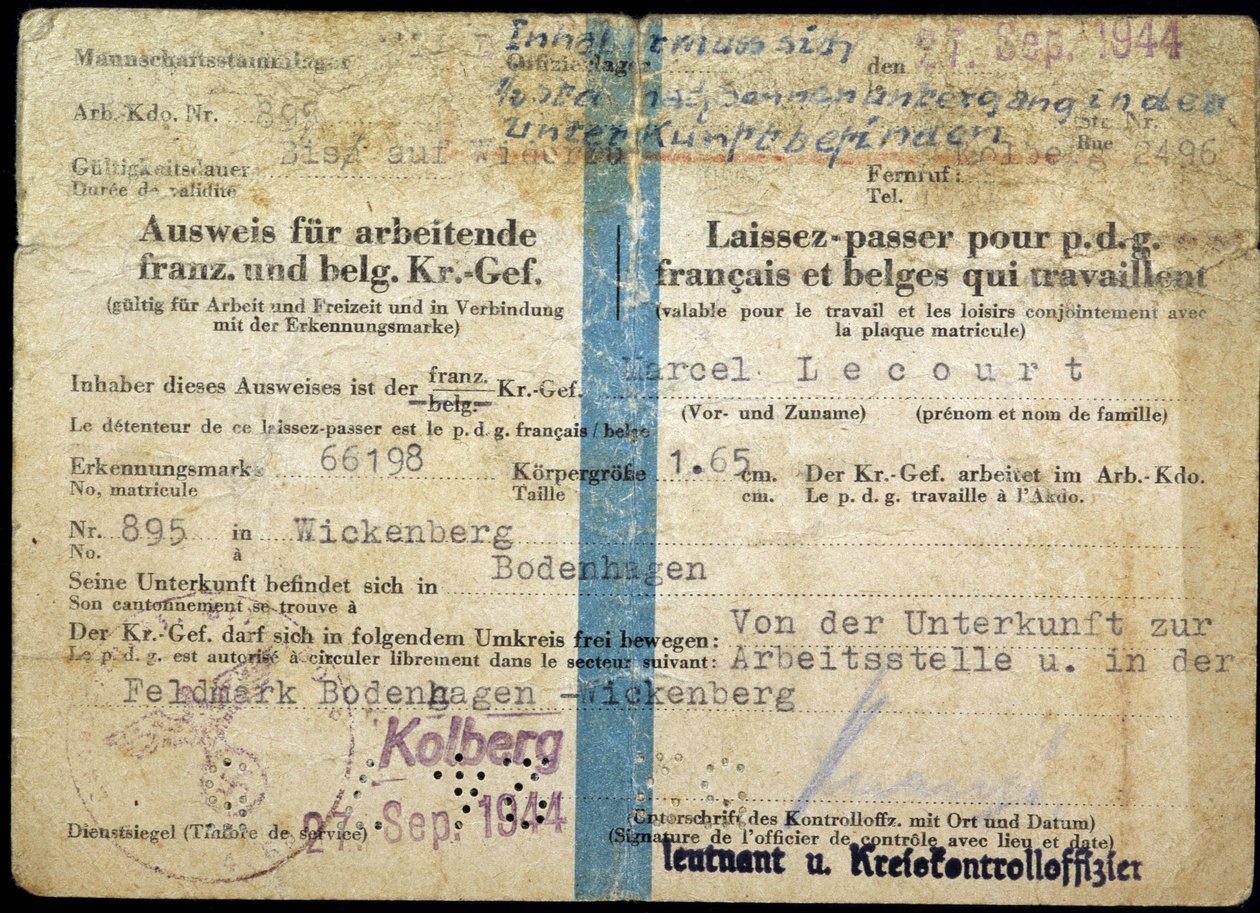 Pass fra andre verdenskrig, "Pass" for fransk og belgisk administrerende direktør som jobber, 25/9/1944. av Anonymous Anonymous