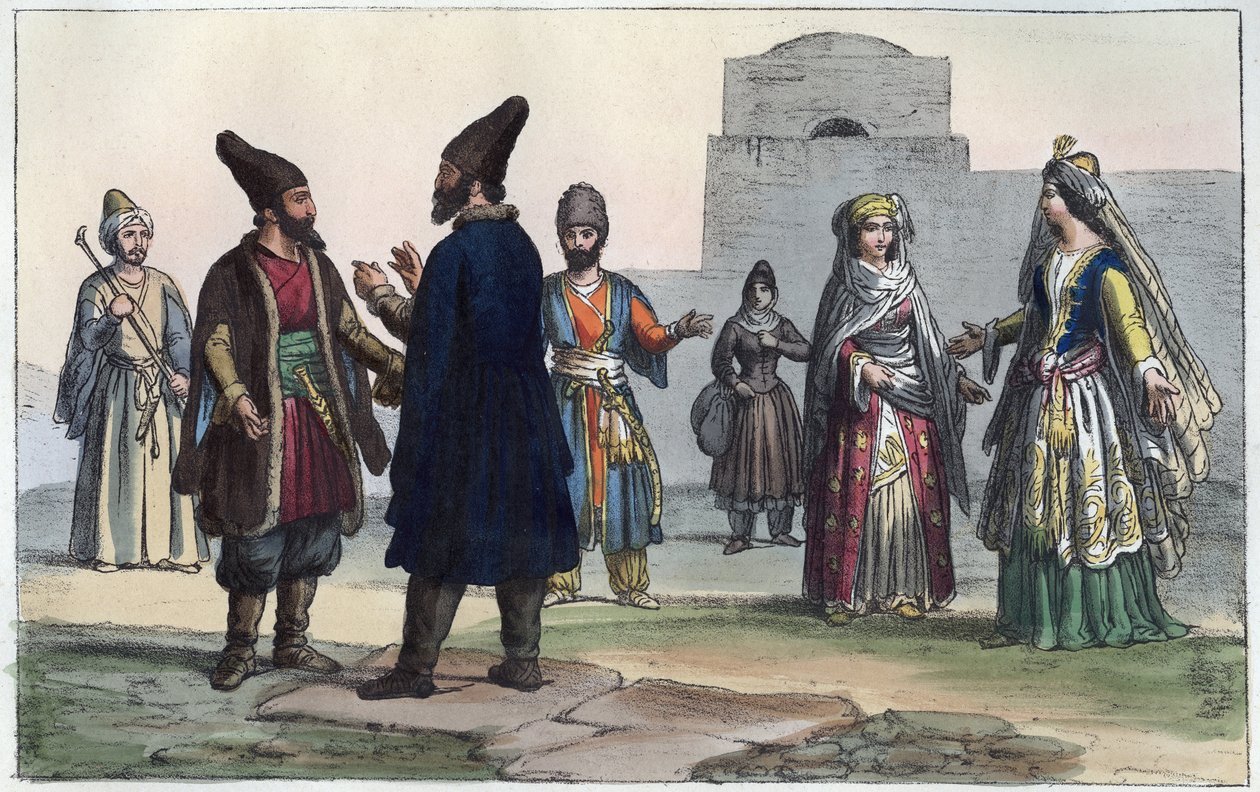 Persiske klær på 1800-tallet - gravering fra "" Bruk og skikker til alle folkeslag i universet. Det vil si historien om regjeringen, lovene, militsen, om religionen til alle nasjoner fra de fjerneste tider til i dag "1856 av Anonymous Anonymous