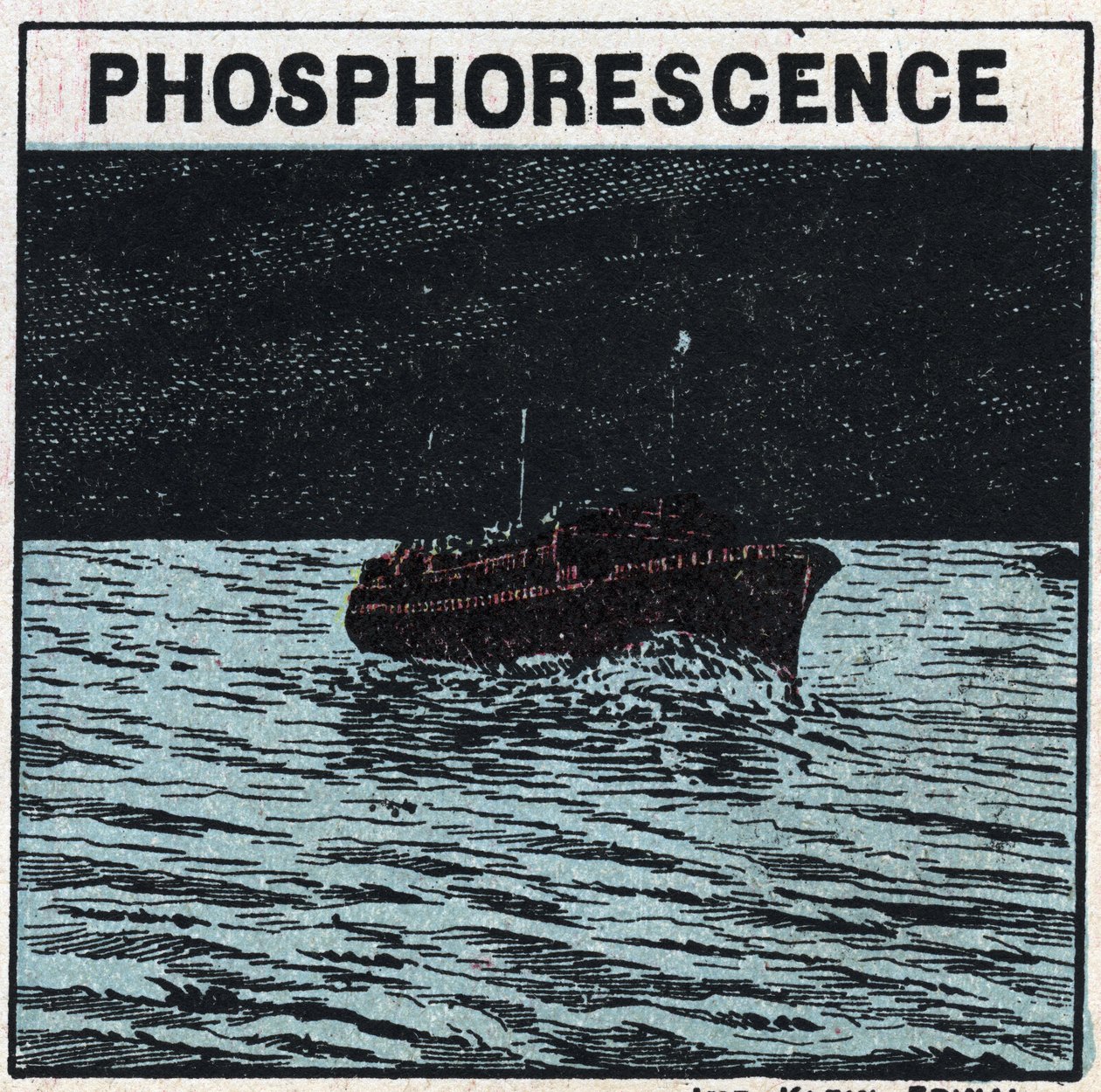 Phosphorescence: the wake of a boat leaves a light mark at night when it passes in the middle of a bank of phosphorescent animals called infusoria “” noctiluques””. Anonymous illustration from 1925. Private collection. av Anonymous Anonymous