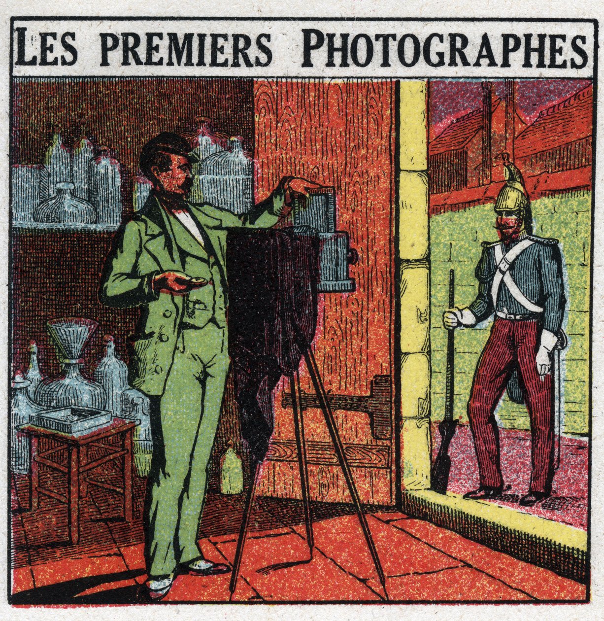 Fotografering: De første fotografene på 1800-tallet. Fotograf som skildrer en soldat i studioet sitt. Anonym illustrasjon fra 1925. Privat samling. av Anonymous Anonymous