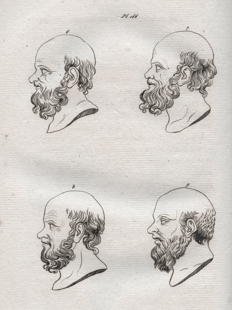 Fysiognomi - Fysiognomi - Flere overhoder av den greske filosofen Sokrates (ca. 469 f.Kr.-399 f.Kr.) (Byste av Sokrates (ca. 469 f.Kr.-399 f.Kr.), athensk filosof) gravering fra 1808 i "Kunsten å kjenne menn gjennom fysiognomi" Johann Gaspar (Gaspard) Lava av Anonymous Anonymous