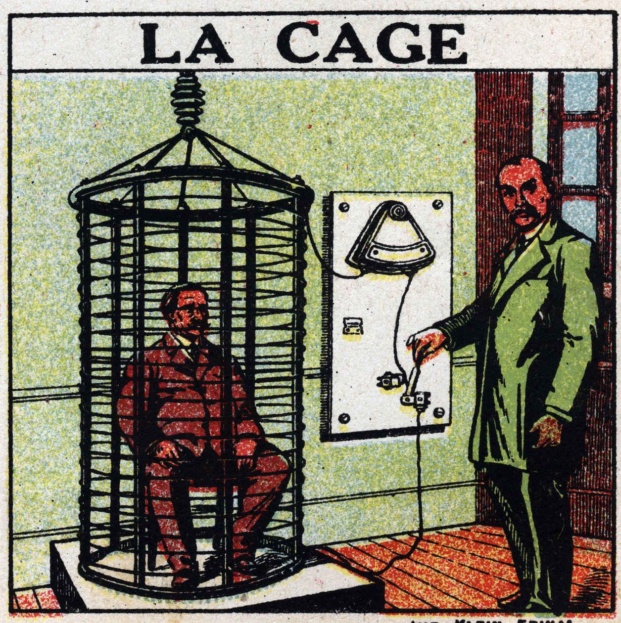 Physiological effects of electricite: the cage. Care of a patient by passing electricite around him without touching him, also called “self-conduction” method. Anonymous illustration from 1925. Private collection. av Anonymous Anonymous