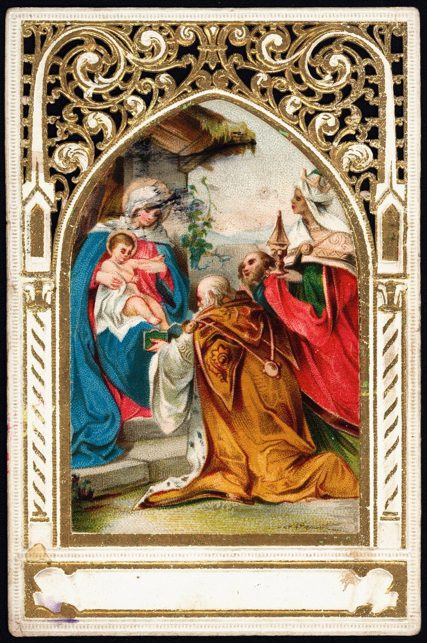 Fromt bilde: "" Adoration of the Magi"" Dentelee-kort. Kromolitografi fra begynnelsen av 1900-tallets privatsamling av Anonymous Anonymous