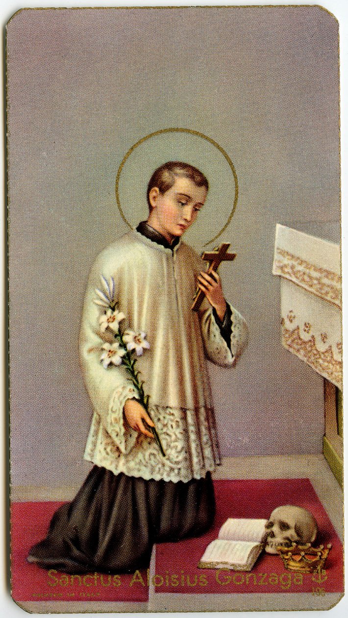 Fromt bilde: Aloysius Gonzaga tilber korset (trykk) av Anonymous Anonymous