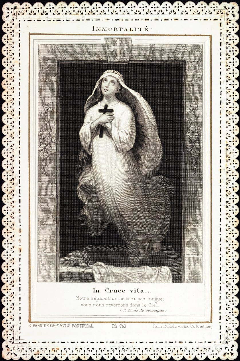 Fromt bilde: "" Immortalite, In cruce vita"" Card of deces dentelee. Privat samling fra 1800-tallet av Anonymous Anonymous