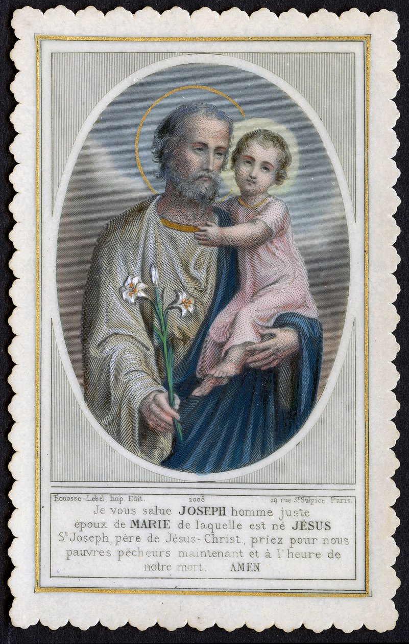 Fromt bilde: Jesus som et barn i armene til Josef (gravering) av Anonymous Anonymous