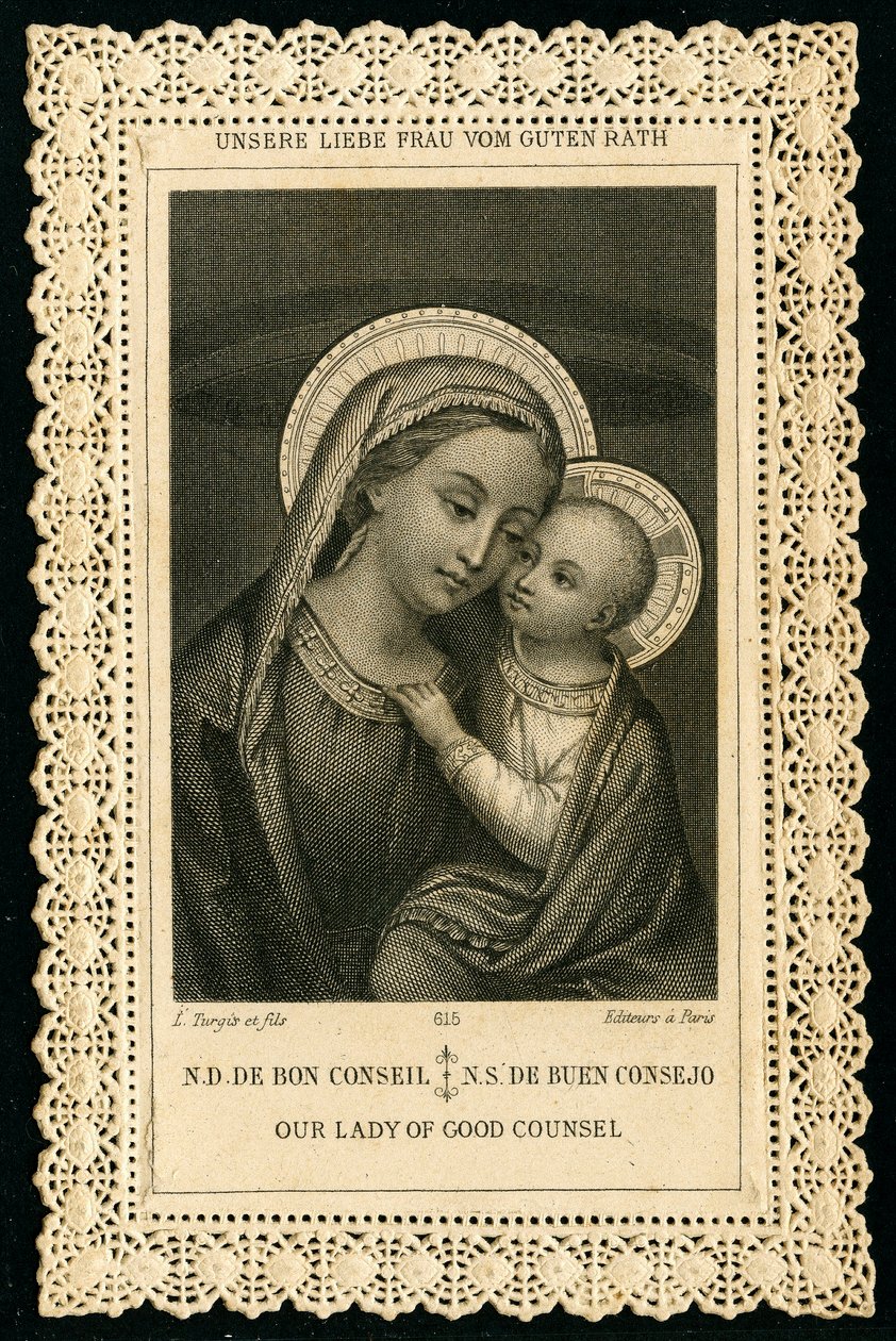 Fromt bilde: Portrett av Jomfru Maria, Vår Frue av gode råd (gravering) av Anonymous Anonymous