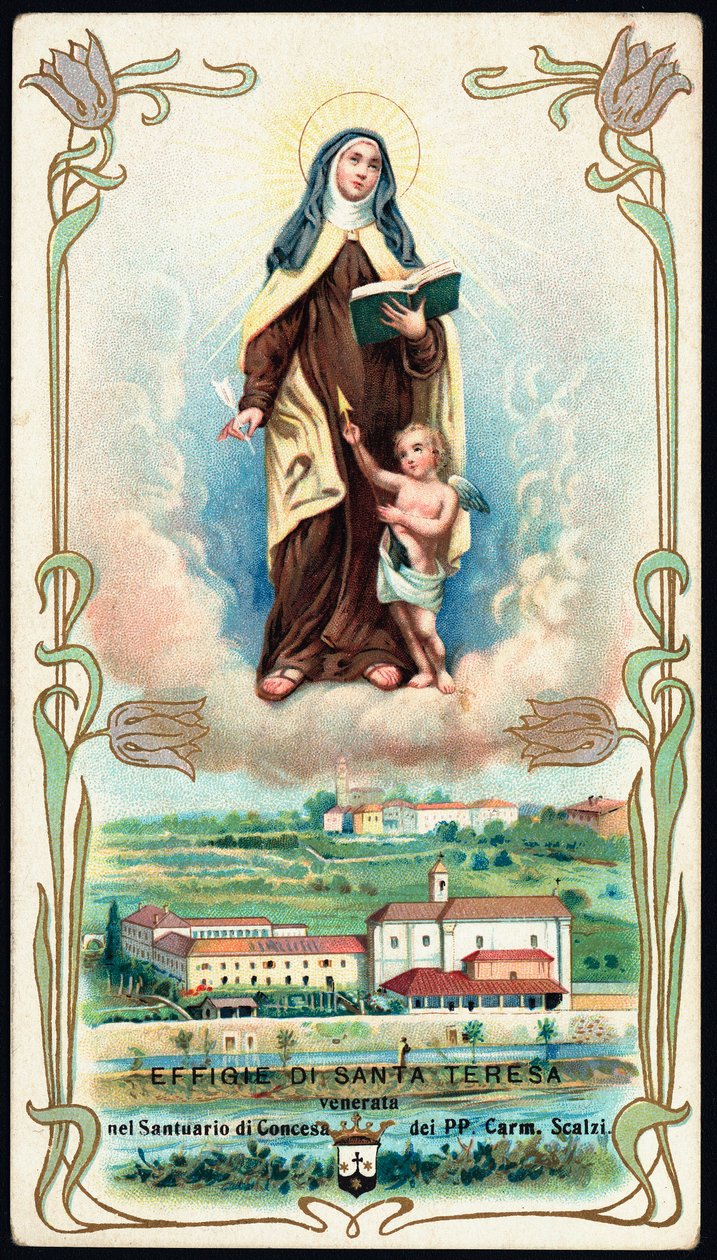 Fromt bilde: "" Representasjon av Saint Therese av Jesus eller Avila (1515-1582), spansk mystiker og karmelitt"" Kromolitografi. Privat samling av Anonymous Anonymous