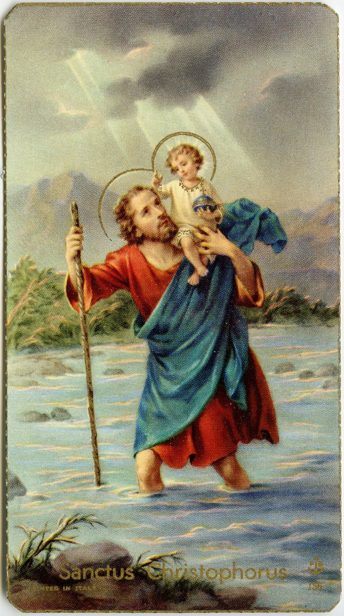 Fromt bilde: St. Christophorus krysser Jordan med den unge Jesus på ryggen (kromolitografi) av Anonymous Anonymous