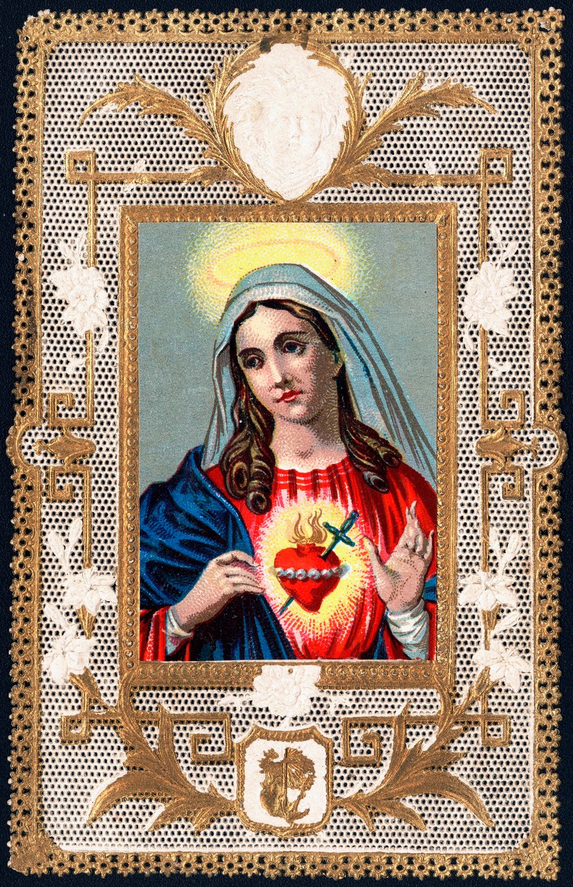 Fromt bilde: "" Virgin of Pain""" Mater dolorosa. Dentelee kort. Kromolitografi fra begynnelsen av 1900-tallets privatsamling av Anonymous Anonymous