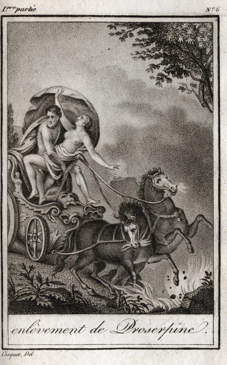 Pluto (Hades) tar Persephone (Proserpine) foran moren sin, Ceres (Demeter), og tar ham med til underverdenens rike. Pluto frakter Persefone til sitt rike, underverdenen, i gresk mytologi. Gravering fra 1819 i «Lettres a Emilie s av Anonymous Anonymous