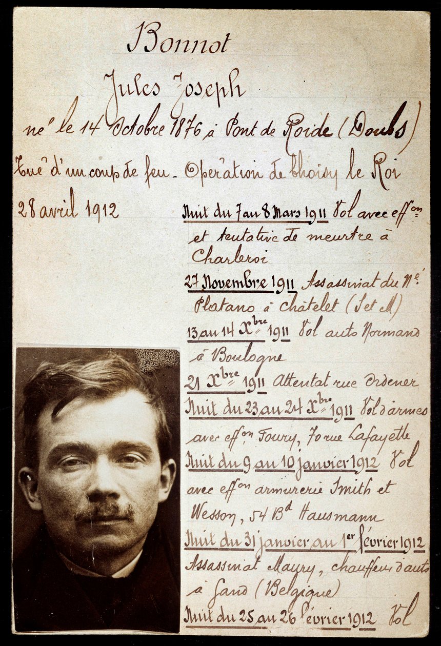 Politiark av kriminell Jules Bonnot (1876-1912) (Bonnot-band) med liste over forbrytelser av Anonymous Anonymous